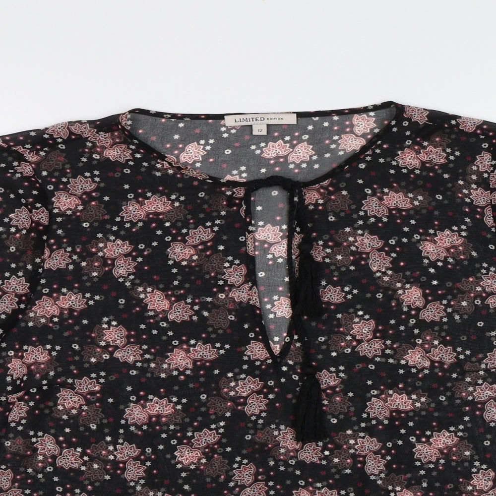 Limited Edition Womens Black Floral Chiffon Basic Blouse Size 12  - See Through