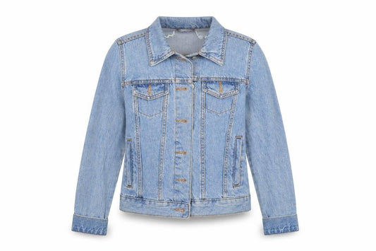 Front view of Denim CO women’s blue animal print denim jacket, size UK 4