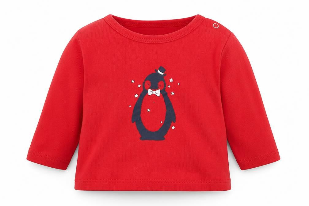 Front view of Petit Lem boys’ red basic t-shirt, size 3-6, months - penguin