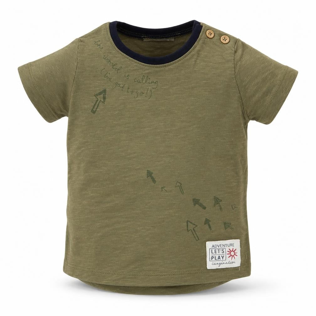 Front view of Mext boys’ green basic t-shirt, size 3-6, months - the world is calling lets go