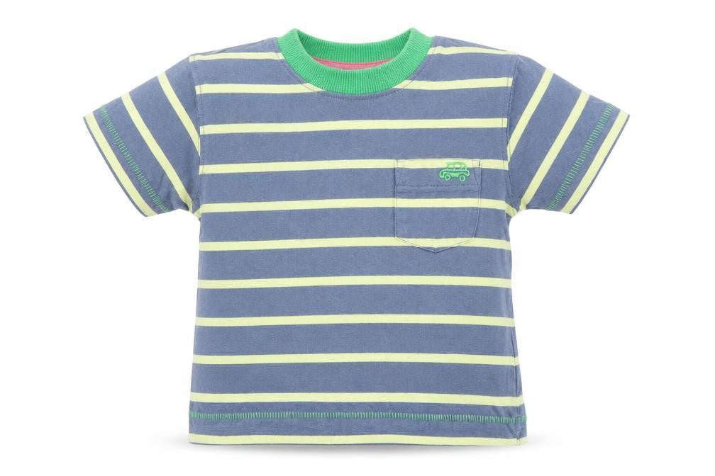 Front view of Next boys’ blue striped basic t-shirt, size 6-9, months