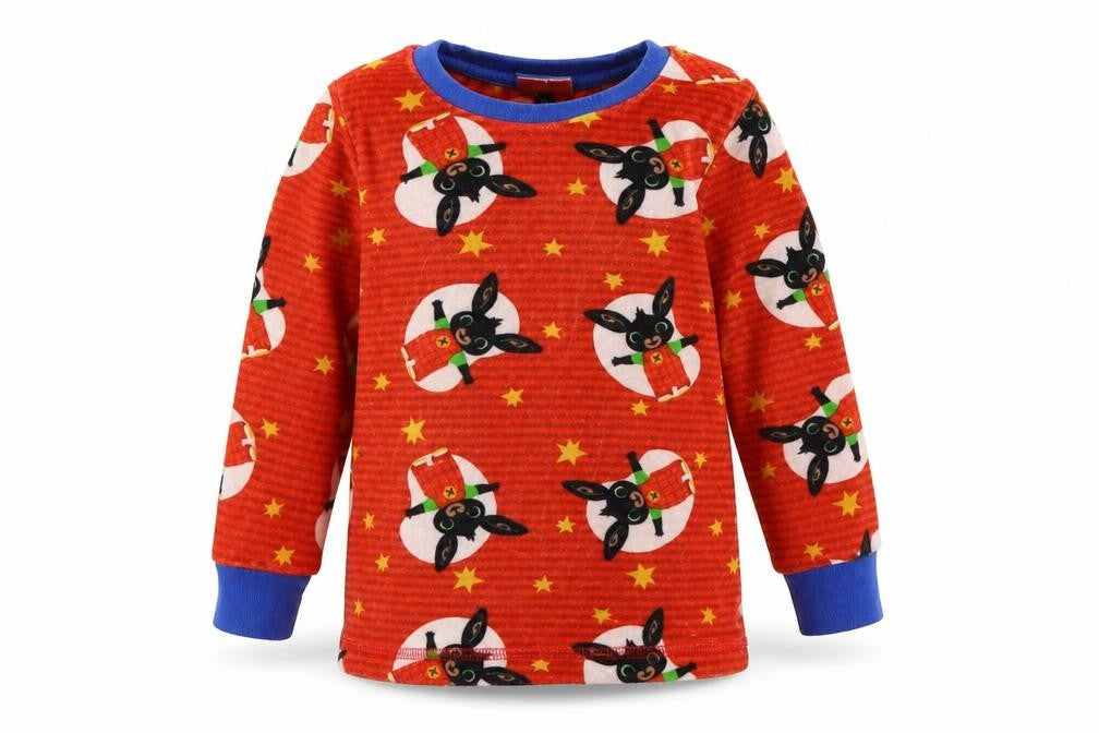 Front view of George boys’ red striped velour cami pyjama top, size 18-24, months - rabbits