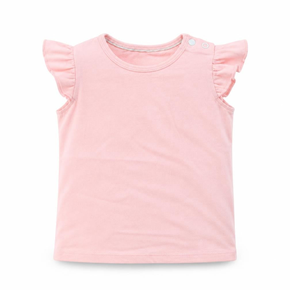 Front view of Lupila girls’ pink basic t-shirt, size 12-18, months