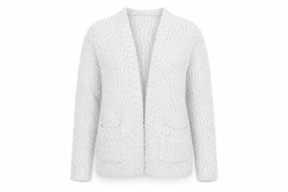 Front view of Papaya women’s silver cardigan jumper, size M