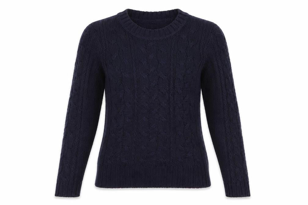 Front view of Originals Knitwear women’s blue jumper, size S, - cable knit