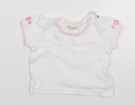 BHS Girls White   Basic T-Shirt Size 3-6 Months  - Embroidered Flowers on Sleeves