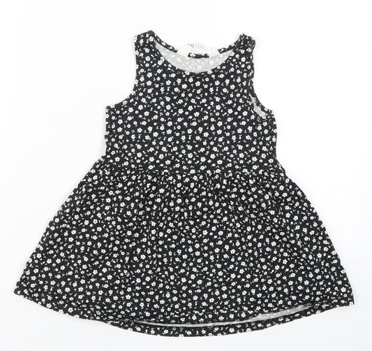 H&M Girls Black Floral  Skater Dress  Size 2 Years
