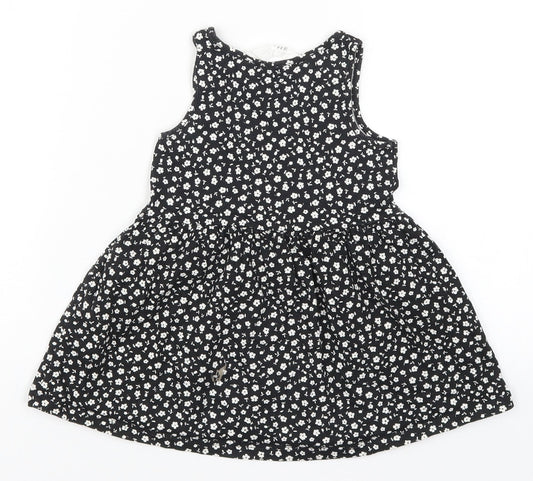 H&M Girls Black Floral  Skater Dress  Size 2 Years
