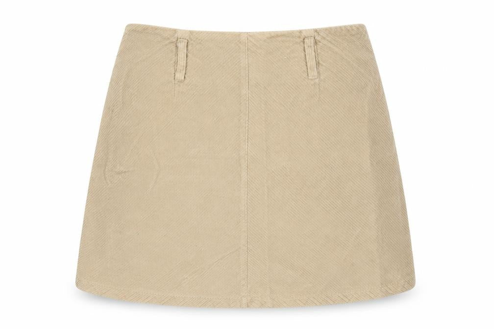 Front view of Denim Co women’s beige corduroy mini skirt, size UK 10