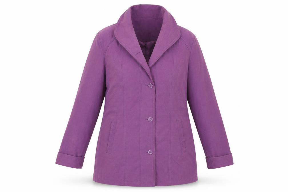 Front view of Papaya women’s purple overcoat coat, size UK 14