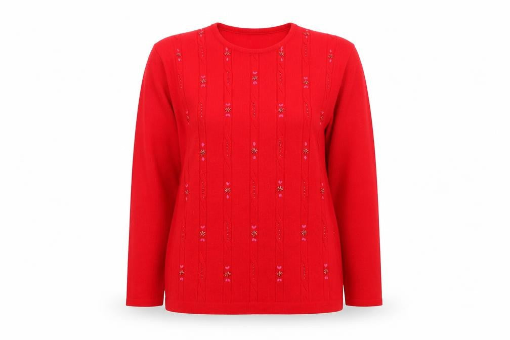 Front view of akal women’s red floral jumper, size L