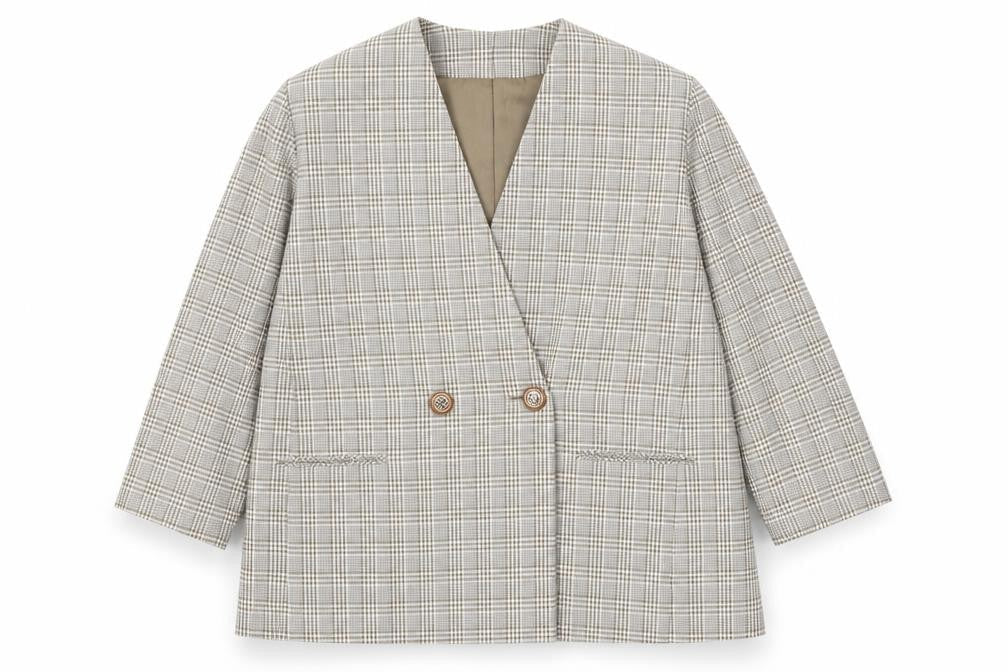 CHAD STEVENS Womens Beige Plaid Rayon Jacket Blazer Size 46