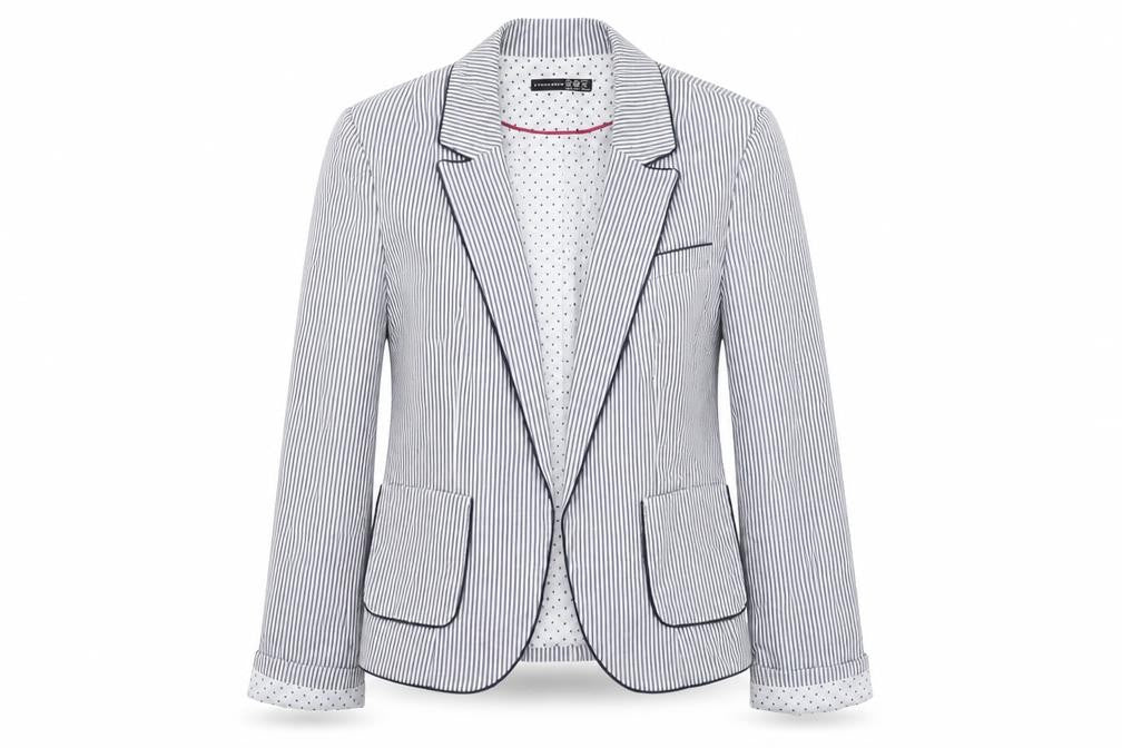 Front view of Atmosphere women’s blue striped jacket sport coat, size UK 12
