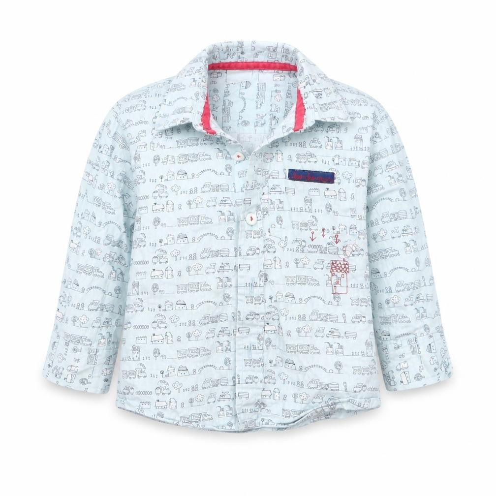 Front view of 5 10 15 boys’ blue geometric basic button-up, size 12, months