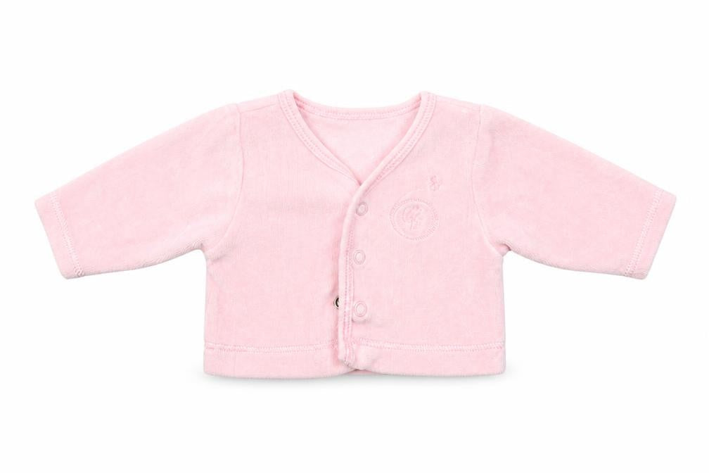 Front view of Babble Boom girls’ pink cardigan jumper, size 0-3, months