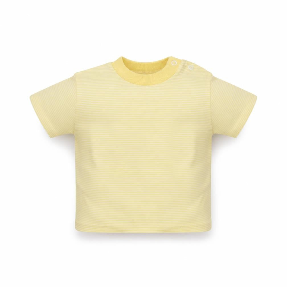 Front view of Early Days boys’ yellow striped basic casual, size 6-9, months