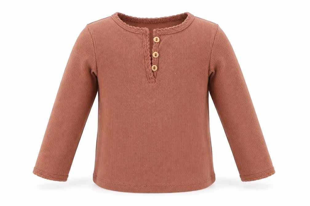 Front view of H&M girls’ brown basic t-shirt, size 6-9, months