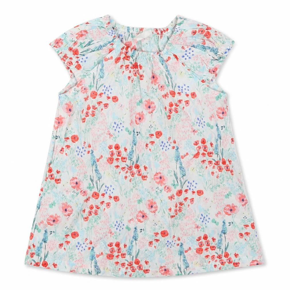 Front view of H&M girls’ red floral t-shirt dress, size 3-6, months