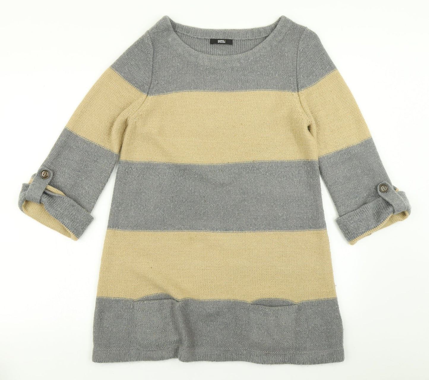 Marks & Spencer Womens Grey Striped Knit Pullover Jumper Size 10  - Longline