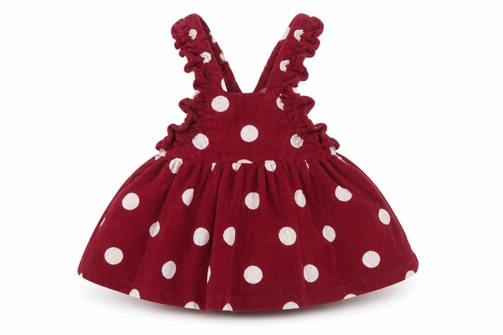 Front view of Matalan girls’ purple polka dot corduroy fit & flare, size 0-3, months