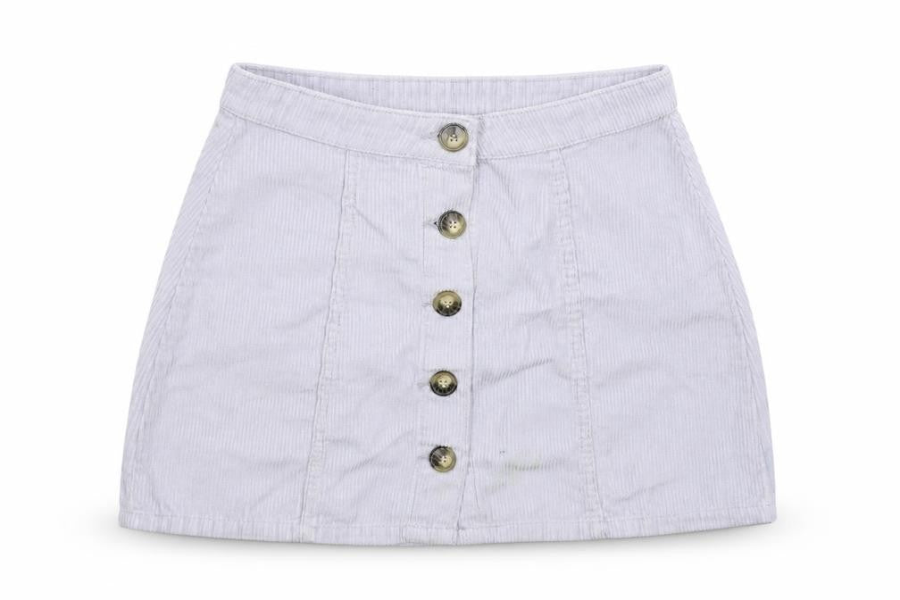 Front view of Denim & Co. women’s grey corduroy a-line skirt, size UK 10