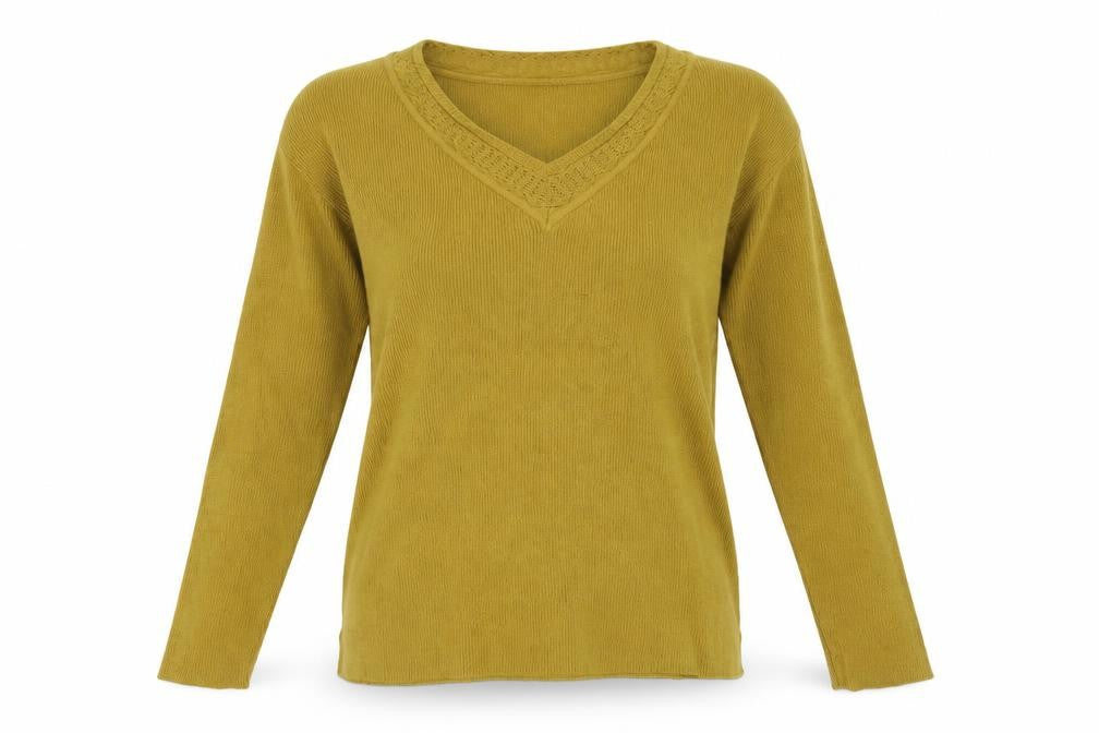 Front view of ANNE WEYBURN women’s yellow jumper, size UK 12