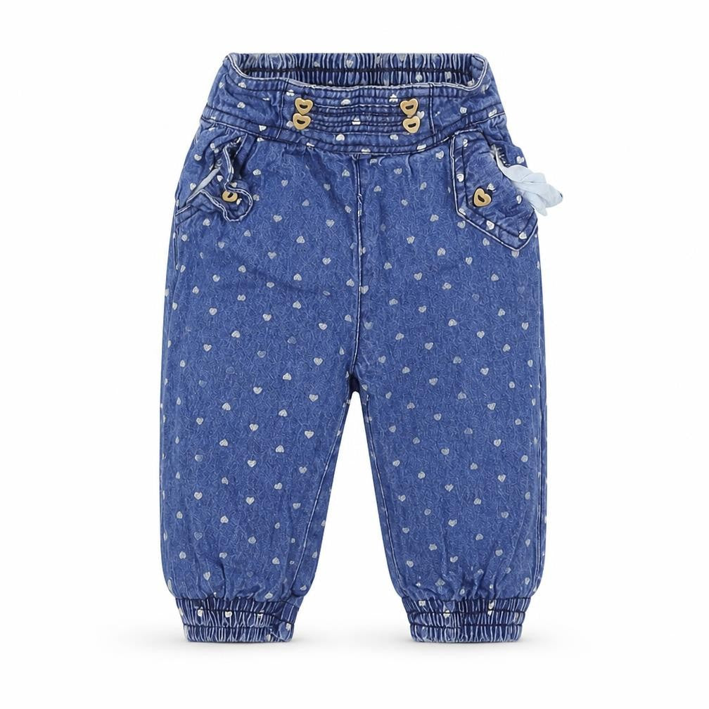 Front view of Baby girls’ blue jogger jeans, size 6-9, months - elasticated waist