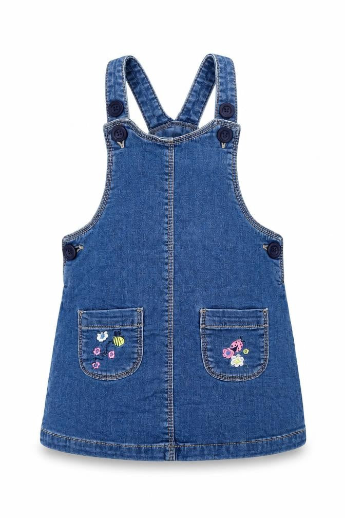 Front view of Matalan girls’ blue floral pinafore/dungaree dress, size 18, months
