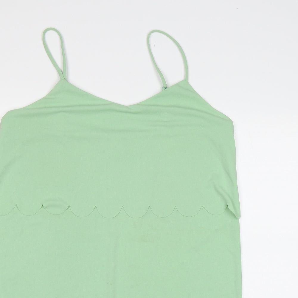 Close-up detail of ASOS women’s green camisole tank, size UK 14