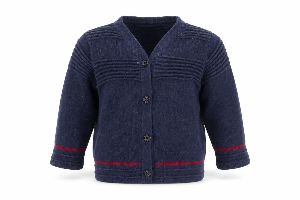 Front view of Debenhams girls’ blue cardigan jumper, size 6-9, months
