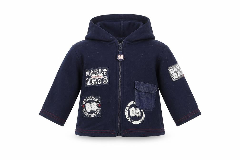 Front view of Early Days boys’ blue full zip jumper, size 6-9, months - hoodie