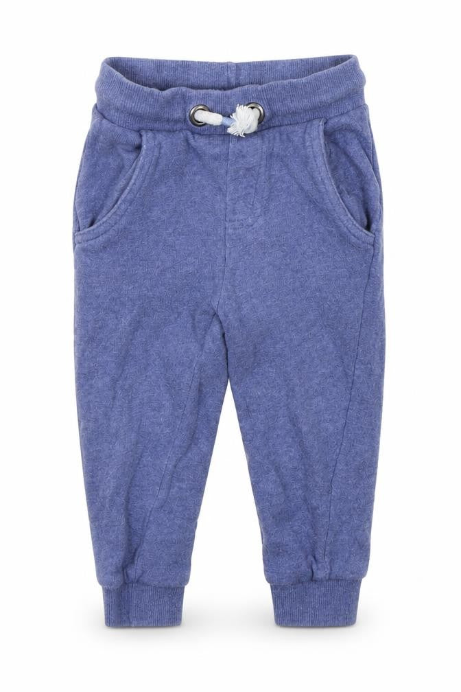 Front view of Mothercare girls’ blue jogger trousers, size 12-18, months