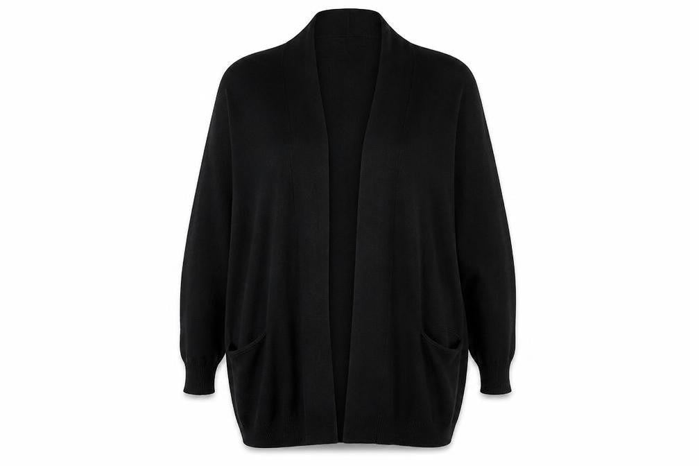Front view of Atmosphere women’s black cardigan jumper, size UK 12