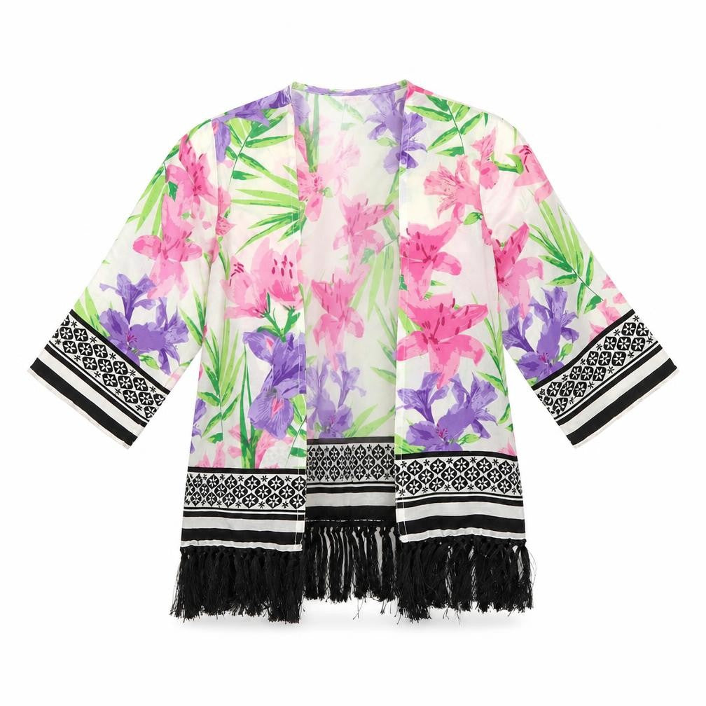 Front view of Miss Evie girls’ white floral jacket, size 9, years