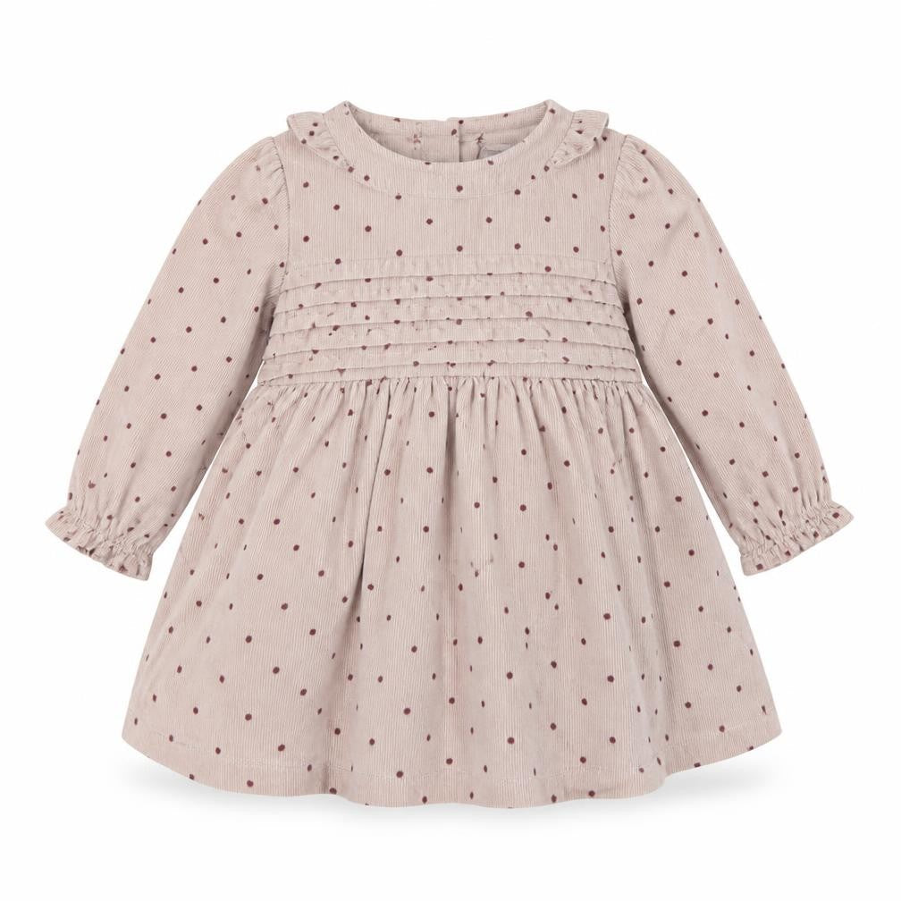 Front view of Marks & Spencer girls’ beige polka dot corduroy fit & flare, size 9-12, months