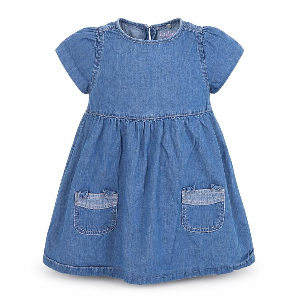 Front view of Peacocks girls’ blue denim fit & flare, size 9-12, months
