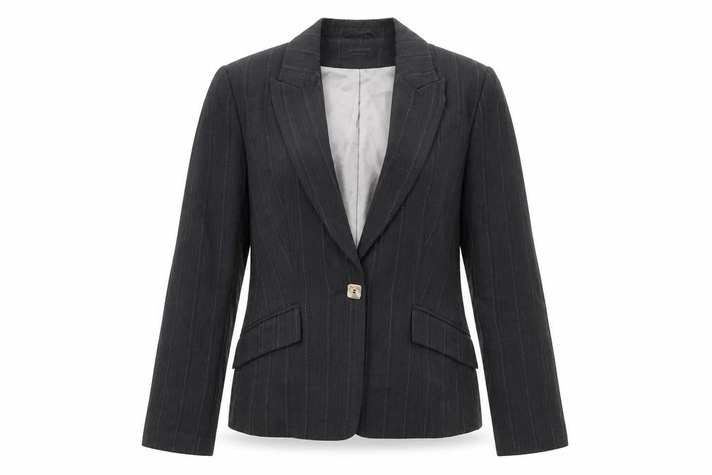 Front view of Principles women’s grey striped jacket suit jacket, size UK 10