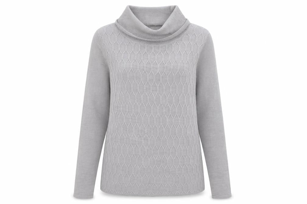 Front view of Bonmar women’s grey knit jumper, size UK 12