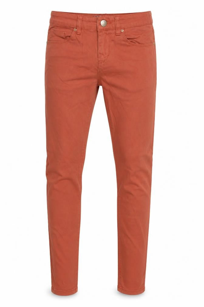 Front view of BDG men’s brown denim skinny jeans, size 28, in, 29-inch leg