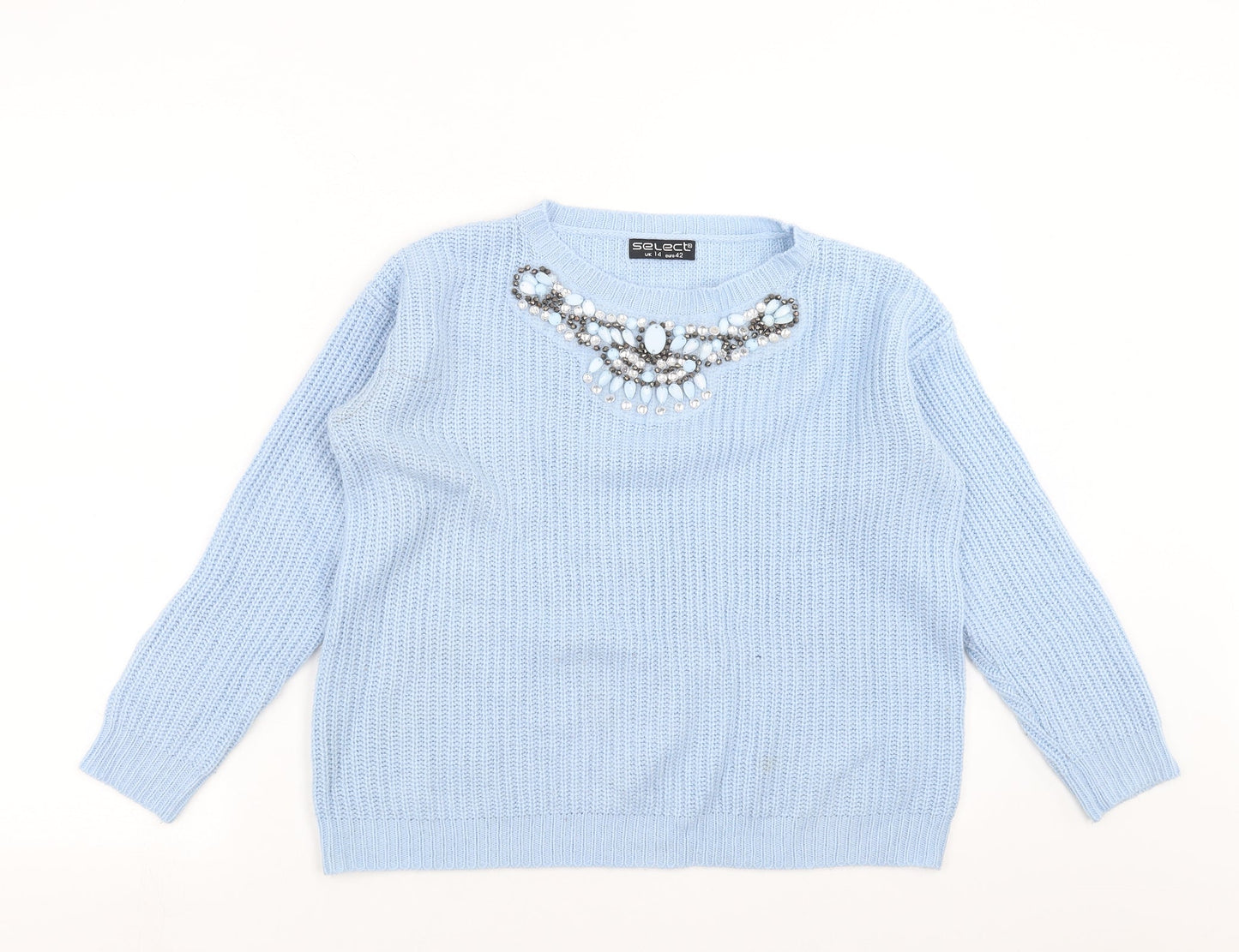 Select Womens Blue  Knit Pullover Jumper Size 14  - beaded neck line