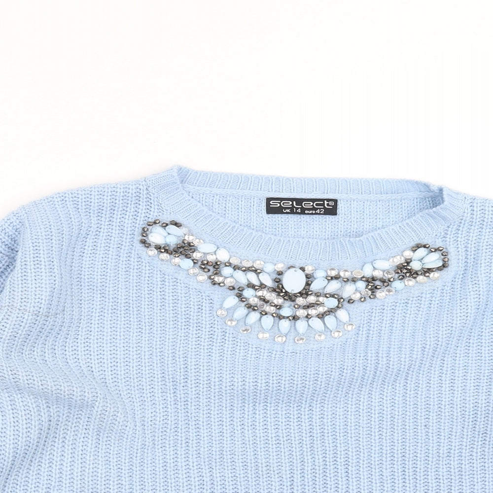 Select Womens Blue  Knit Pullover Jumper Size 14  - beaded neck line
