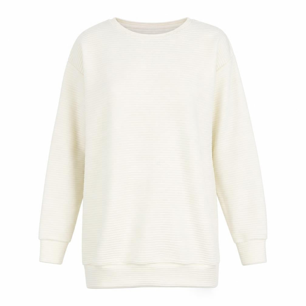Front view of ASOS women’s white striped pullover sweatshirt, size UK 8, - scoop back