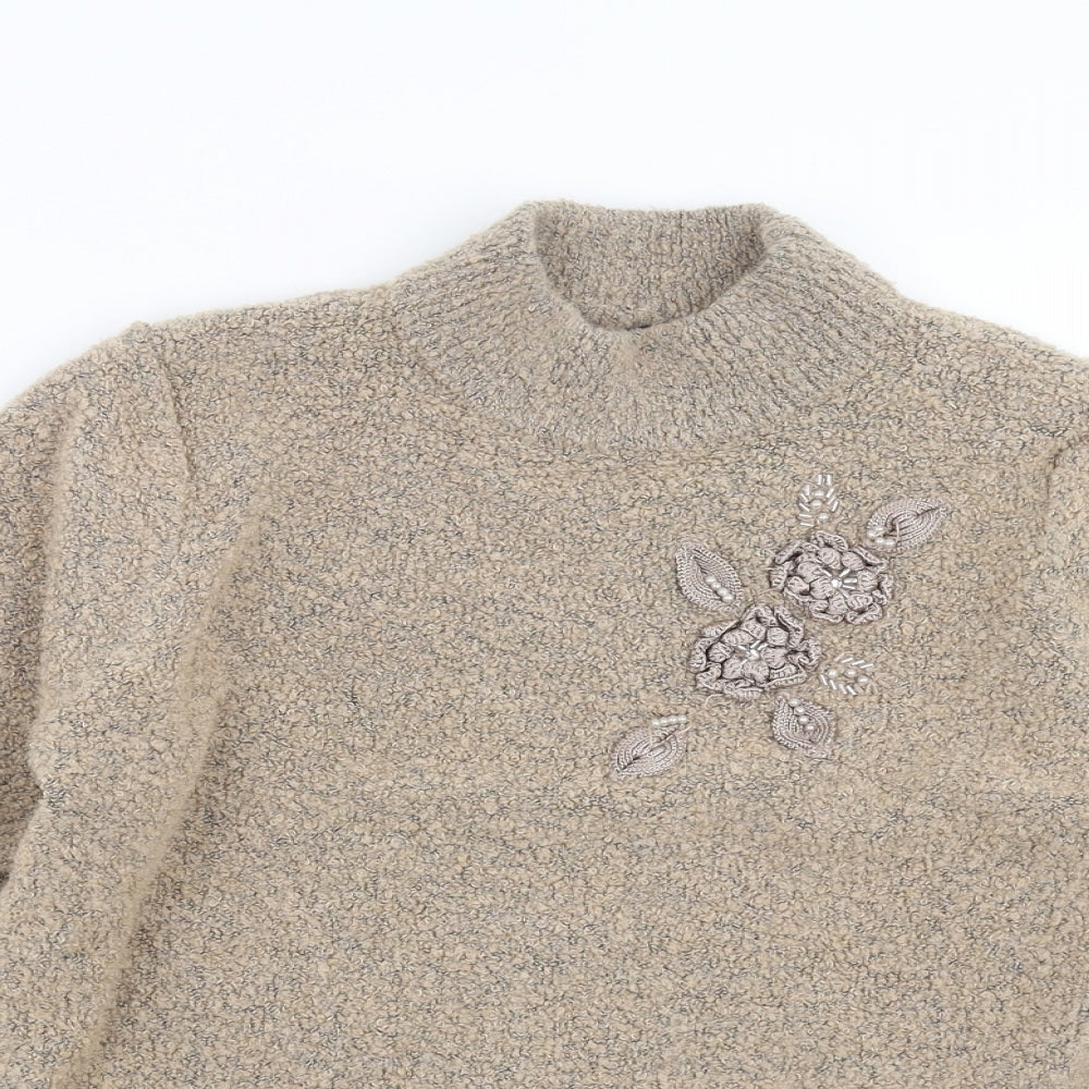 BM Womens Beige  Knit Pullover Jumper Size M  - Floral embroidery
