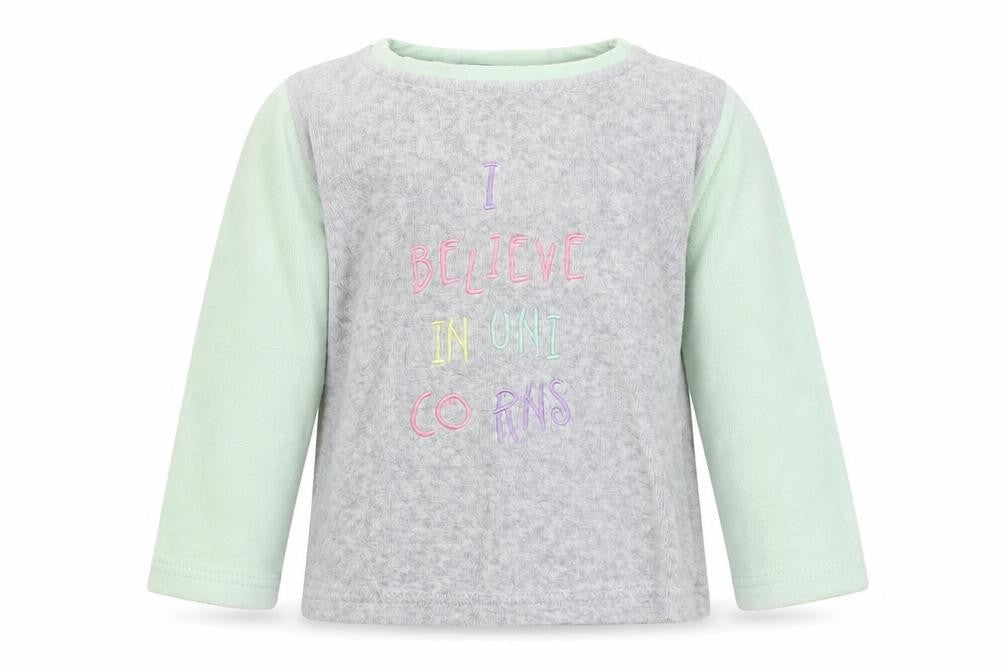 Front view of Lupilu girls’ grey jumper, size 12-18, months