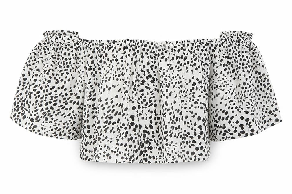 Front view of Asos Design women’s multicoloured cropped blouse, size UK 16, - cut out shoulder