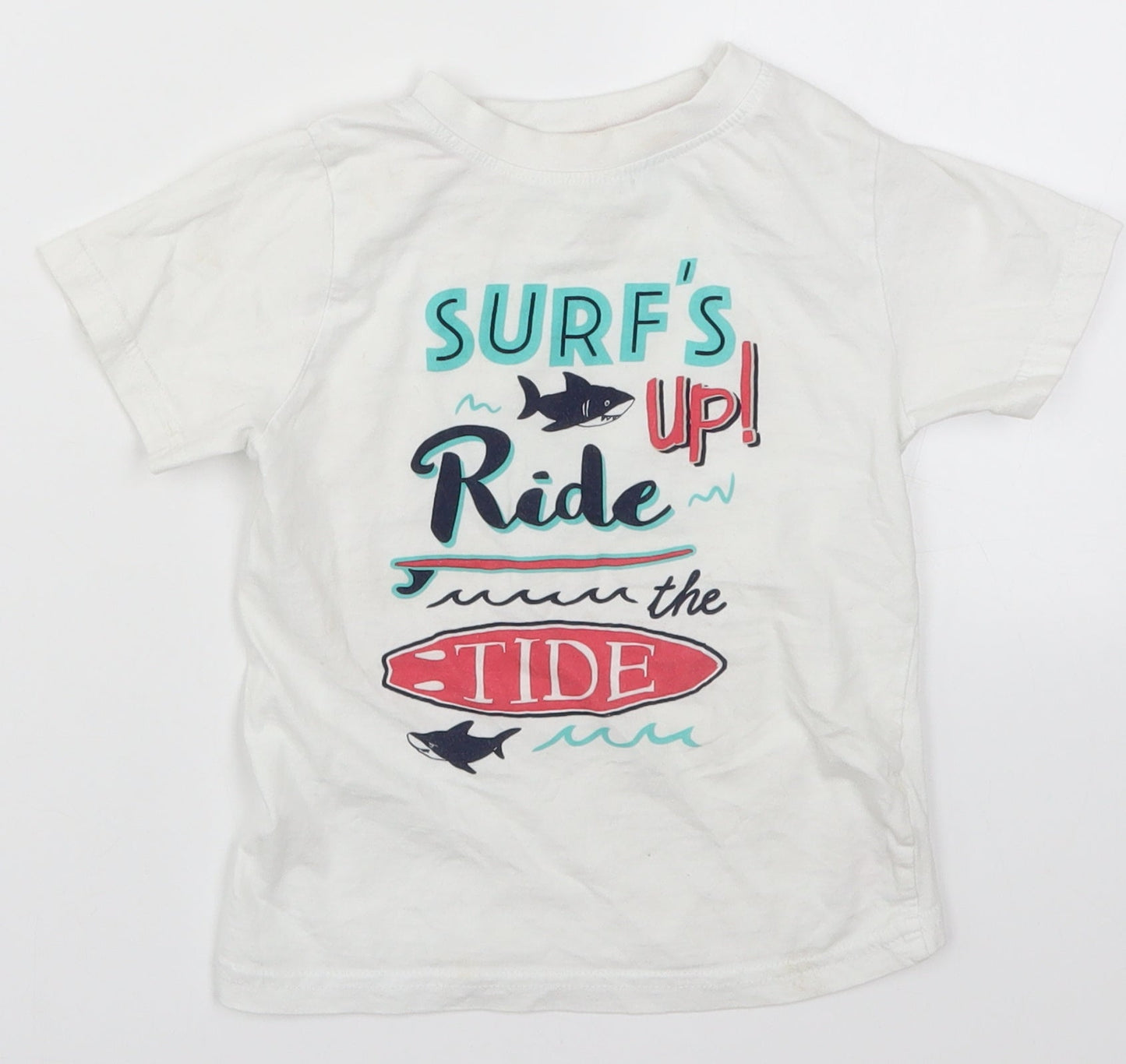 Primark Boys White   Basic T-Shirt Size 3-4 Years  - Surfs Up Ride the Tide