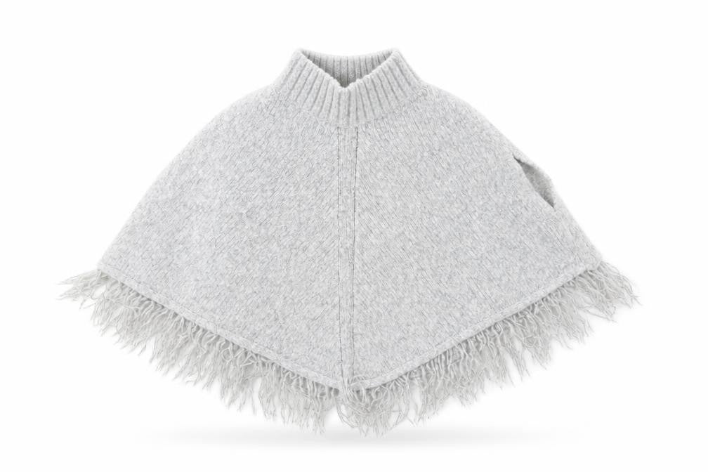 Front view of Young Dimension girls’ grey knit cape jumper, size 18-24, months