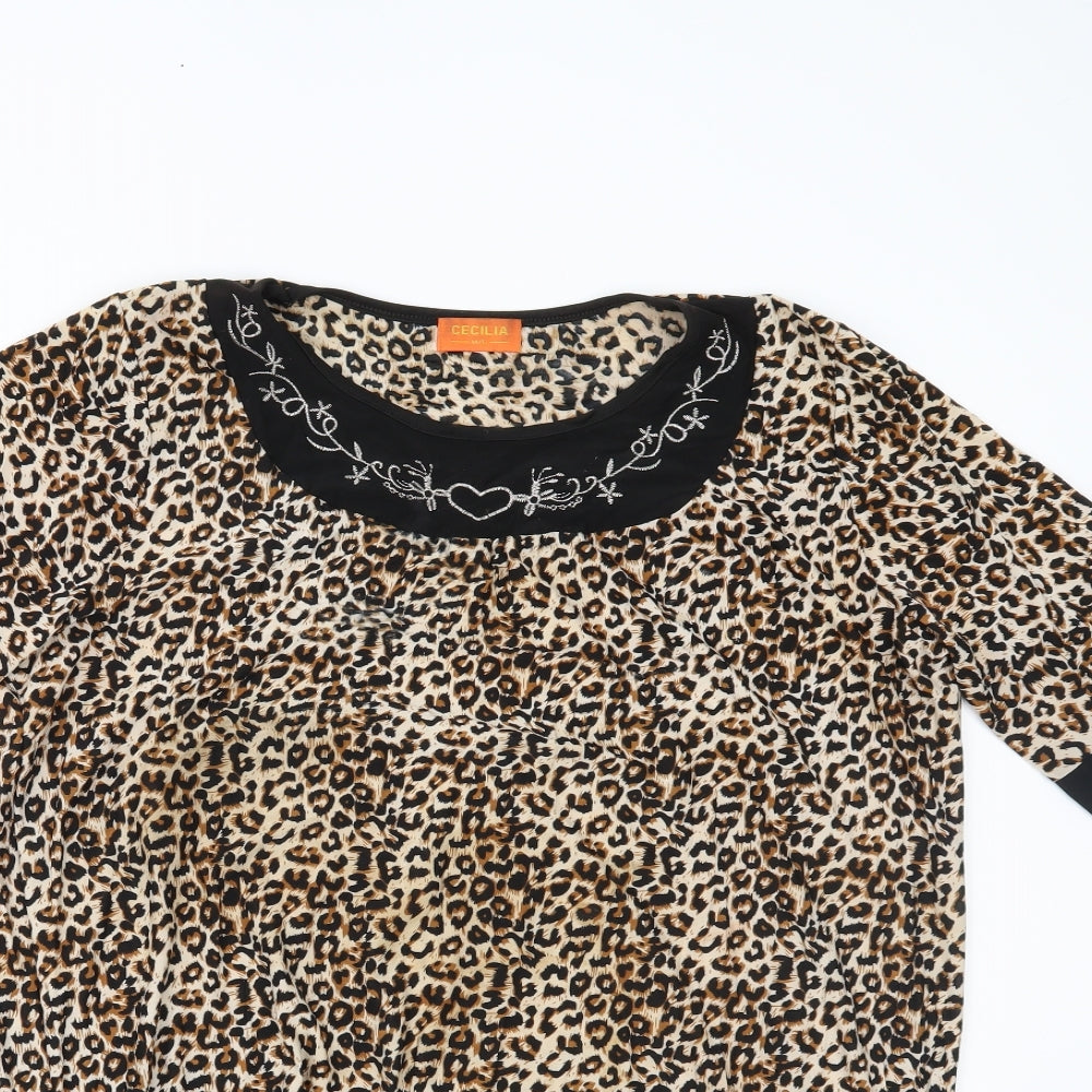 cecilia Womens Brown Animal Print  Basic Blouse Size L
