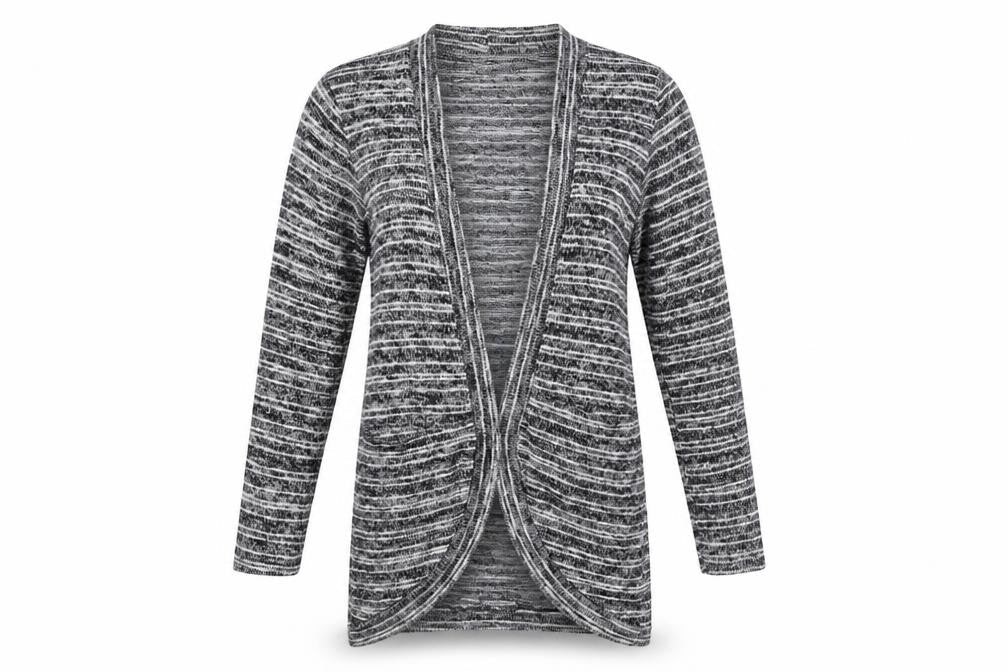 Front view of Papaya women’s black knit cardigan jumper, size UK 12