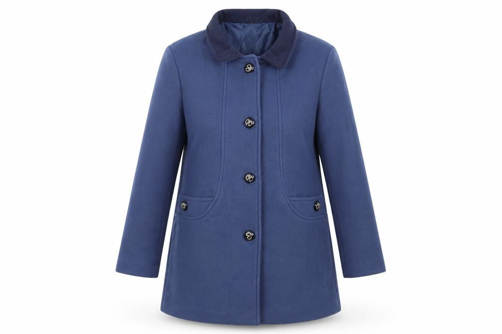 Front view of Gabriella Vicenga women’s blue overcoat coat, size UK 14